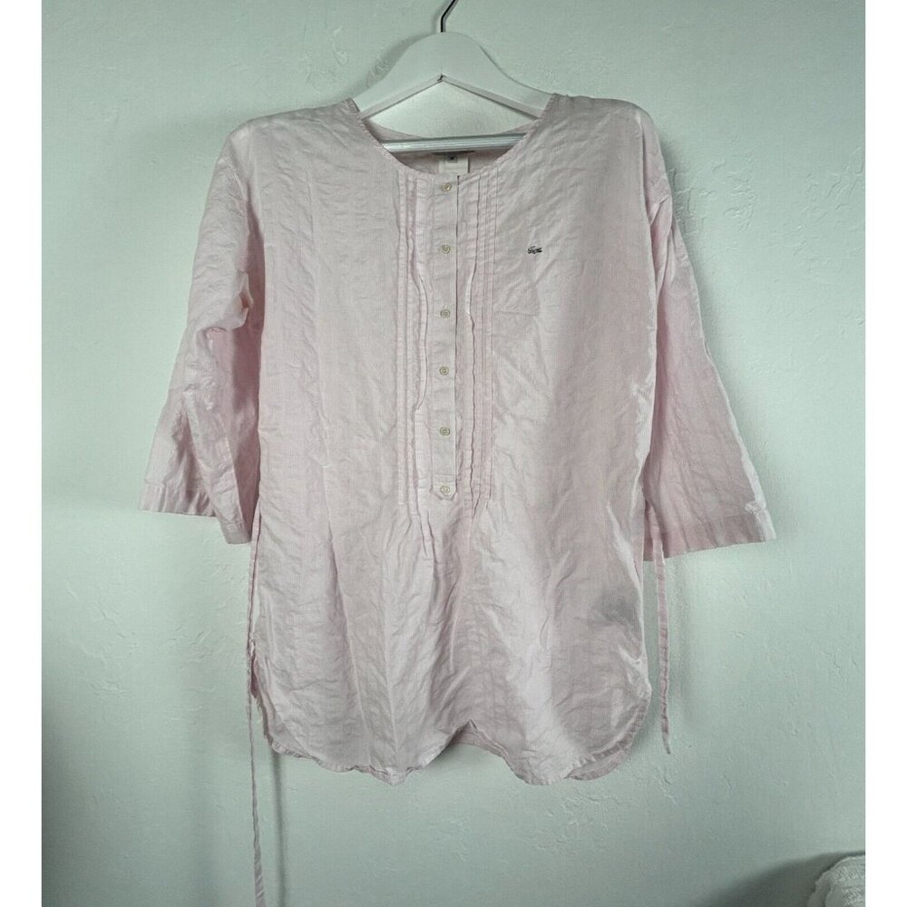 Lacoste Womens Cotton Linen Henley Pintuck Blouse Top Size 36 Pink 3/4 Sleeve